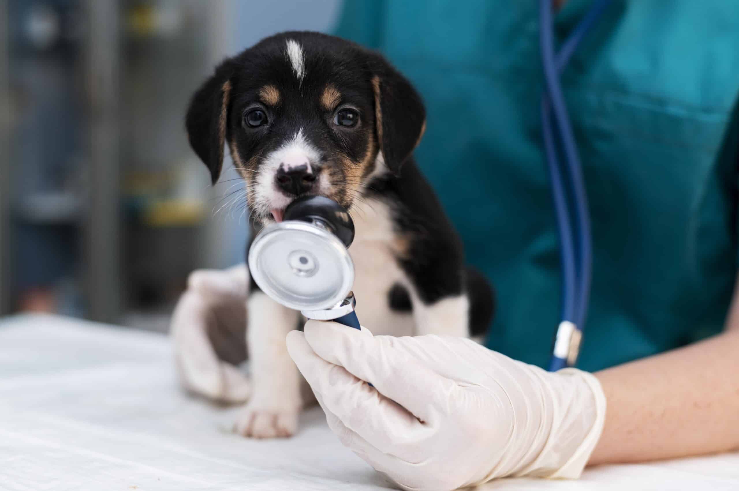 close-up-veterinarian-taking-care-dog Recommended frequency for veterinary check-ups for pets