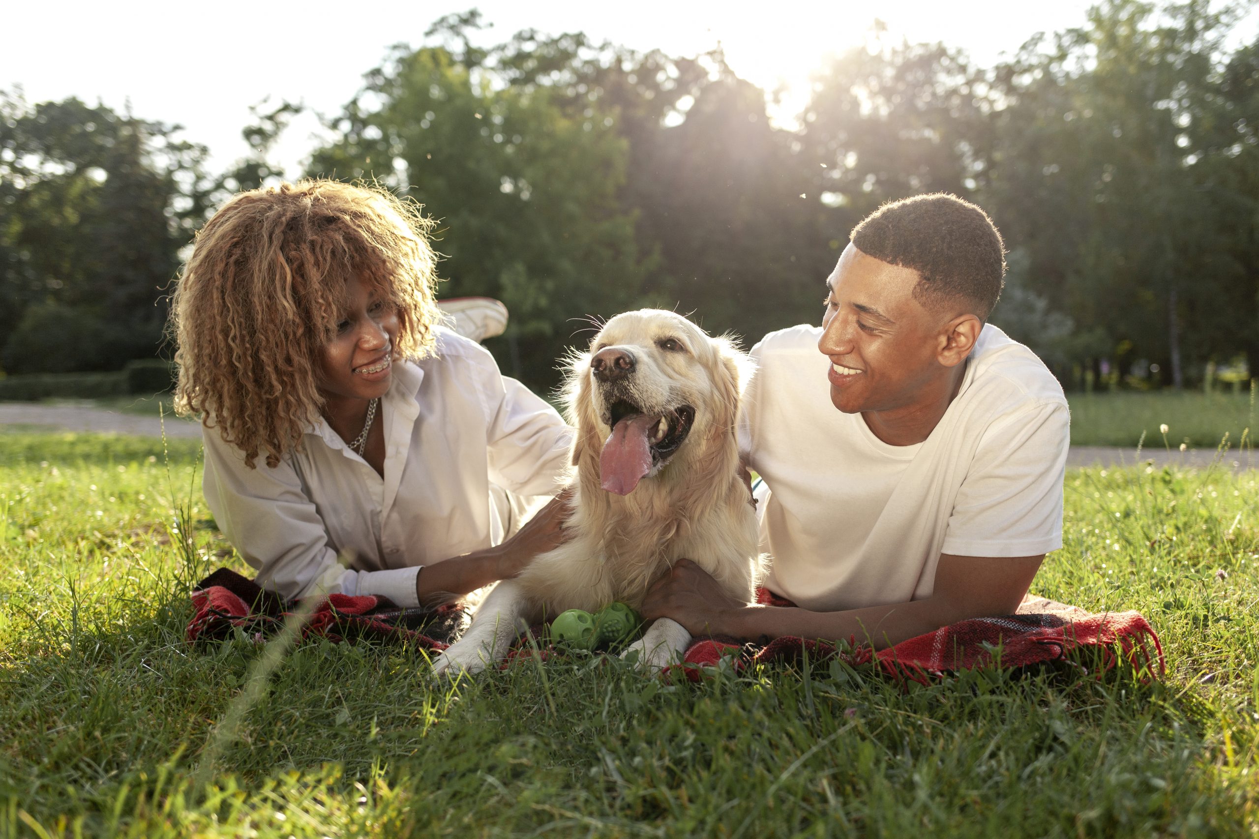 african american guy with girl lie together with golden retriever in the park in summer Pet insurance provides coverage for unexpected illnesses and injuries. This is the ultimate guide.